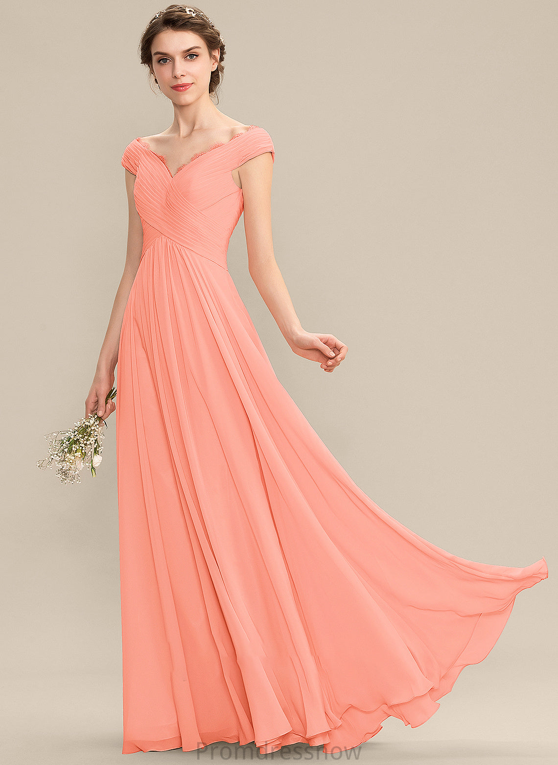 Silhouette Ruffle Length A-Line Off-the-Shoulder Fabric Lace Neckline Embellishment Floor-Length Shania Natural Waist Bridesmaid Dresses