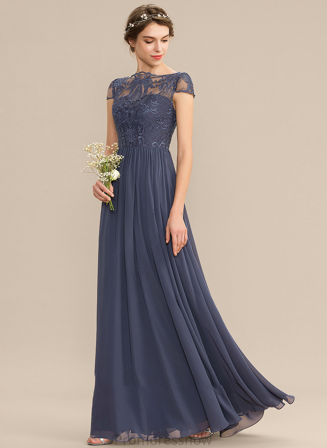 A-Line Silhouette Fabric Neckline Lace Floor-Length Length Straps ScoopNeck Frederica Natural Waist V-Neck Bridesmaid Dresses