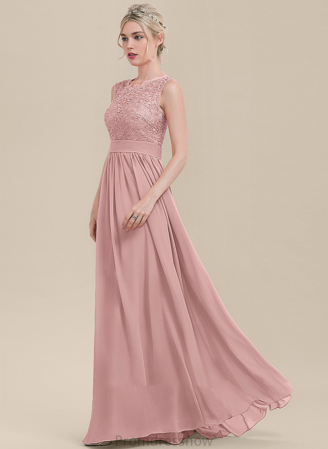 Floor-Length Fabric Neckline ScoopNeck A-Line Silhouette Ruffle Embellishment Length Alivia A-Line/Princess Natural Waist Bridesmaid Dresses