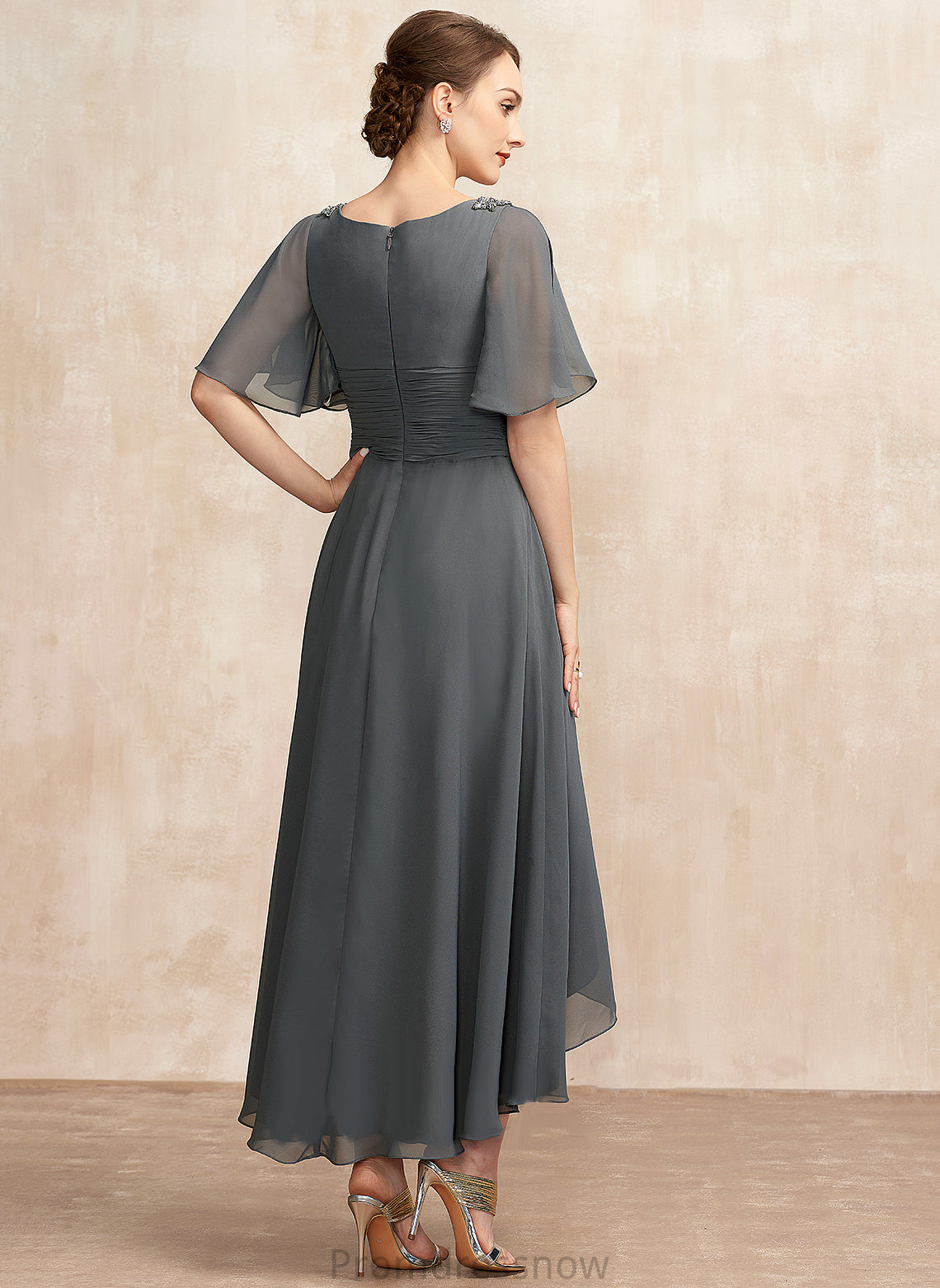 With Mother Beading Bride A-Line of Ruffle Asymmetrical Dress Mother of the Bride Dresses Chiffon the V-neck Marina