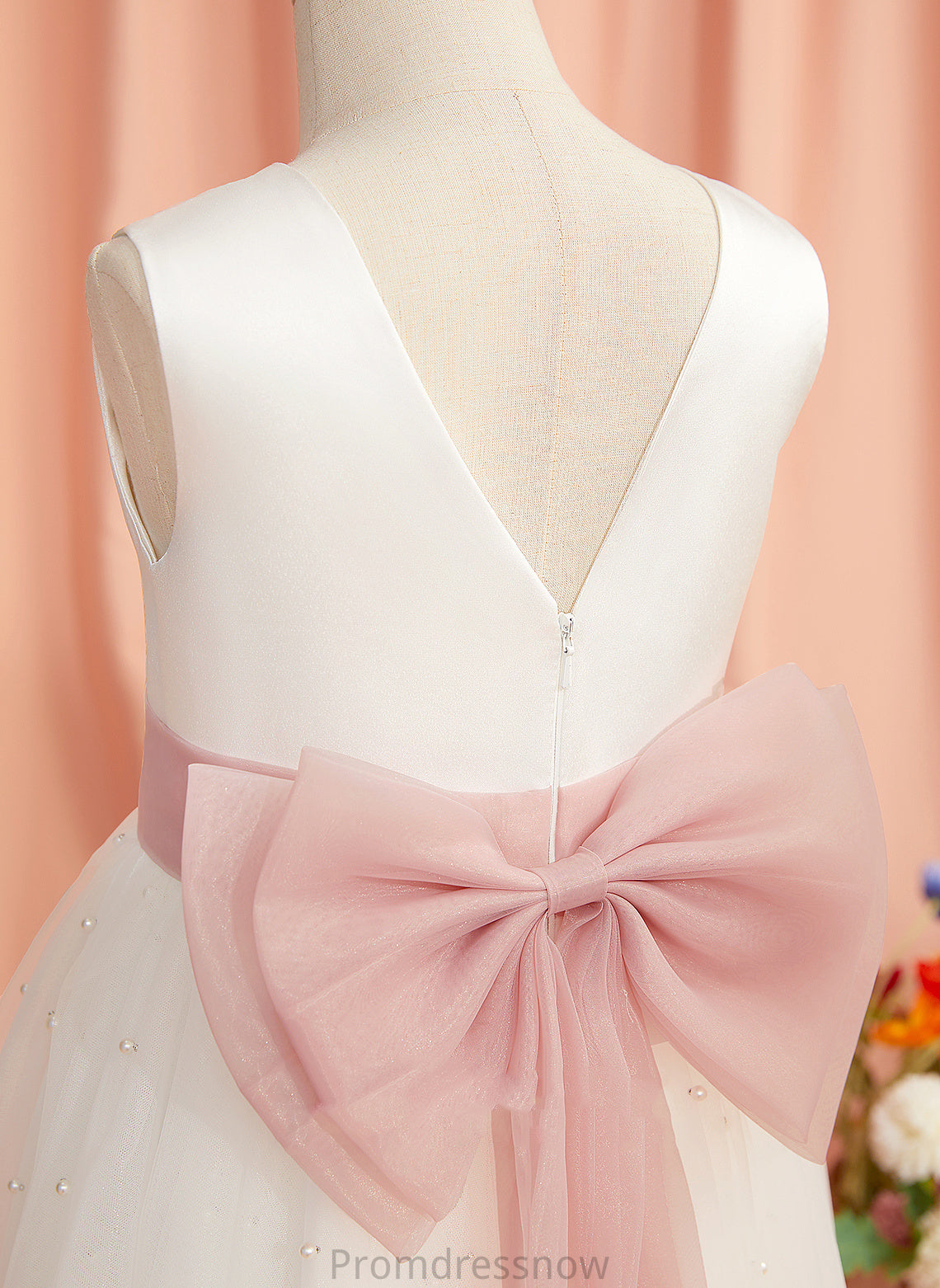 Sash/Bow(s)/V Satin/Tulle Anahi Neck Tea-length With Sleeveless Flower Girl Dresses Flower Back - Girl Dress A-Line Scoop