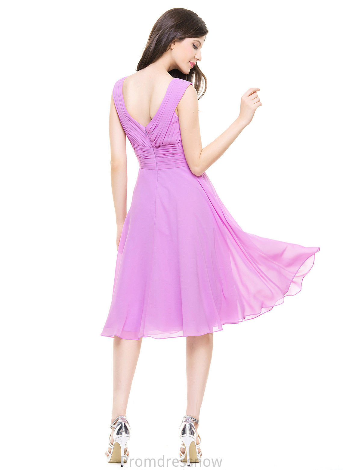 V-neck Silhouette Embellishment A-Line Length Neckline Knee-Length Fabric Ruffle Cameron Spaghetti Staps Sleeveless Bridesmaid Dresses