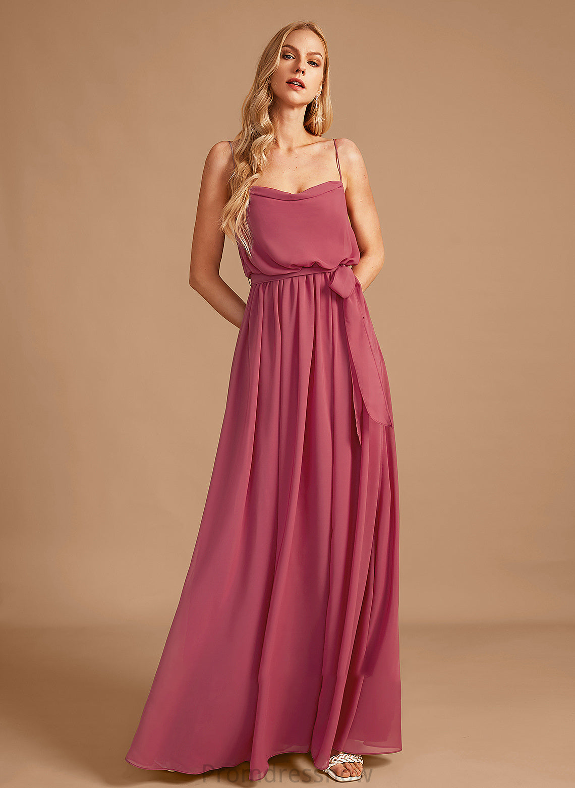 Silhouette Neckline Embellishment Length CowlNeck Floor-Length SplitFront A-Line Fabric Ruffle Gracie Straps Bridesmaid Dresses