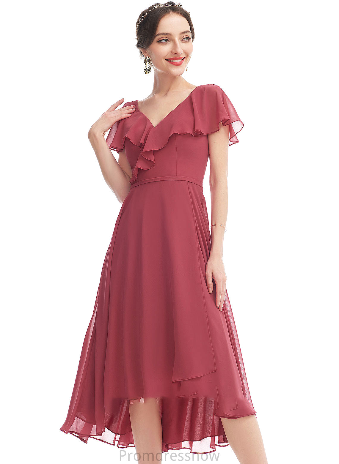 Asymmetrical Embellishment Ruffle Fabric Neckline Silhouette V-neck A-Line Length Rosalind A-Line/Princess Floor Length Bridesmaid Dresses