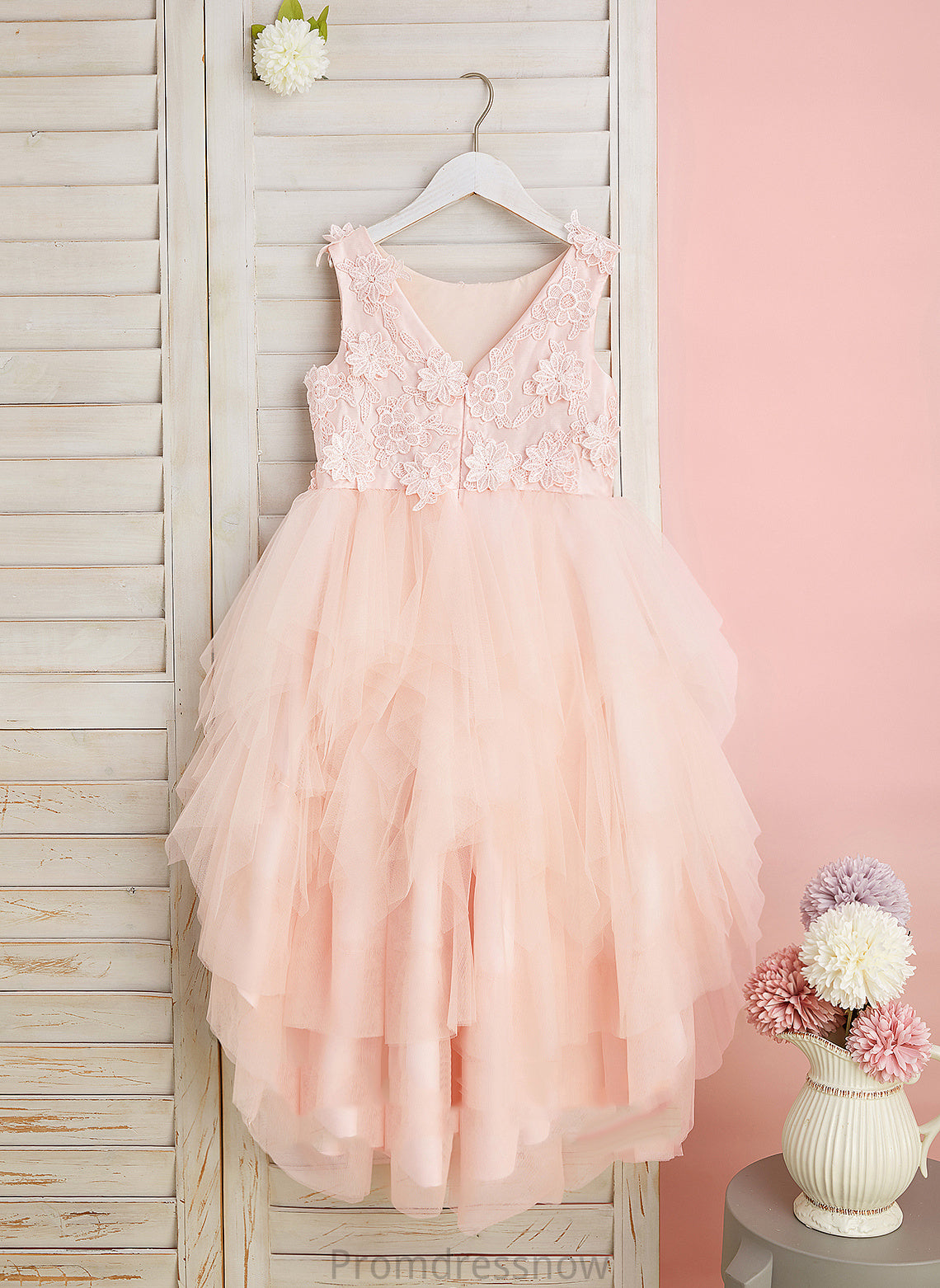 Ball-Gown/Princess Lace/Flower(s)/V Neck Girl With Back Asymmetrical Sleeveless - Flower Girl Dresses Scoop Tulle Dress Flower Gabriella