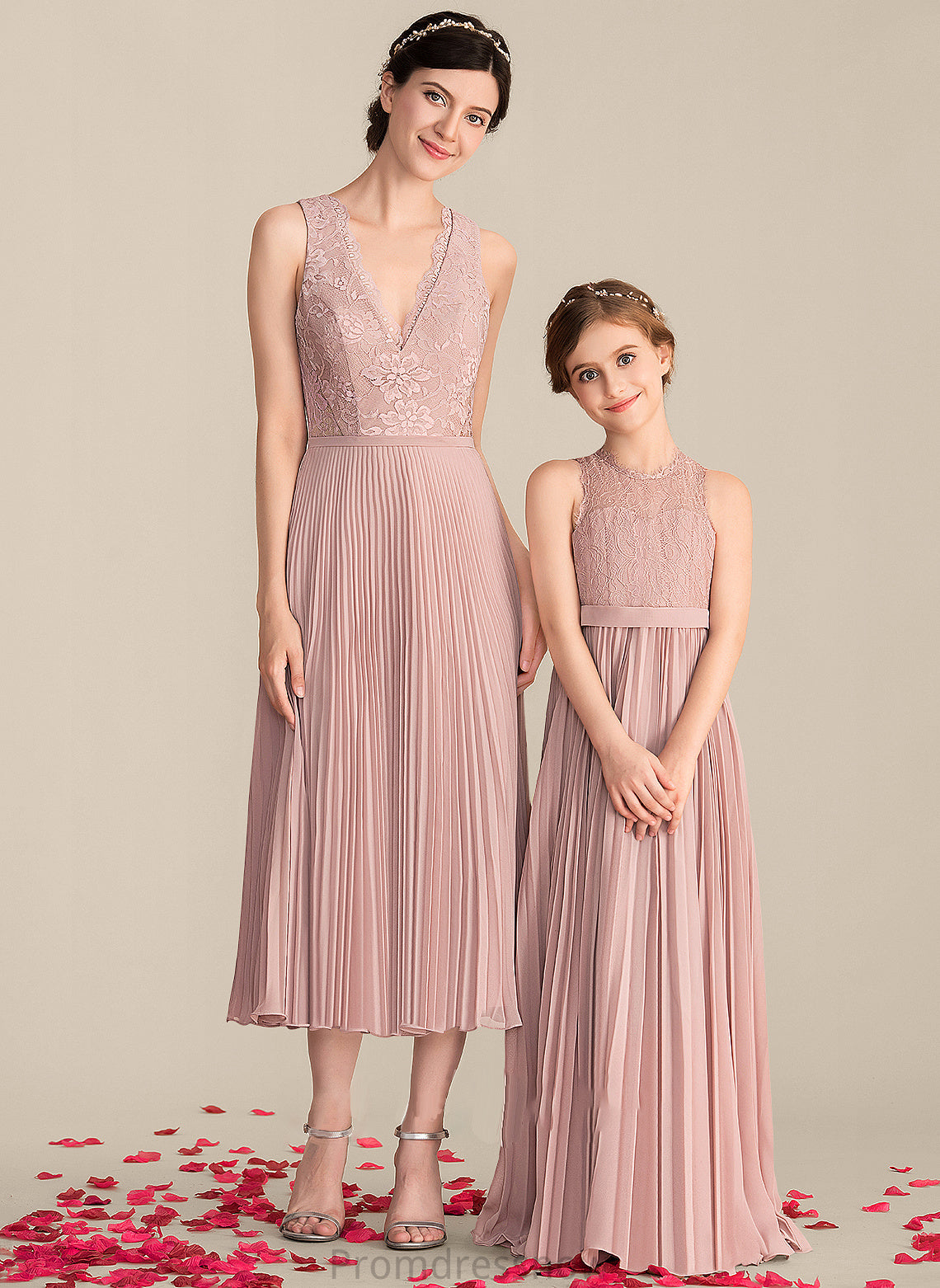 A-Line Length Embellishment V-neck Fabric Pleated Silhouette Neckline Tea-Length Ellen A-Line/Princess Natural Waist Bridesmaid Dresses