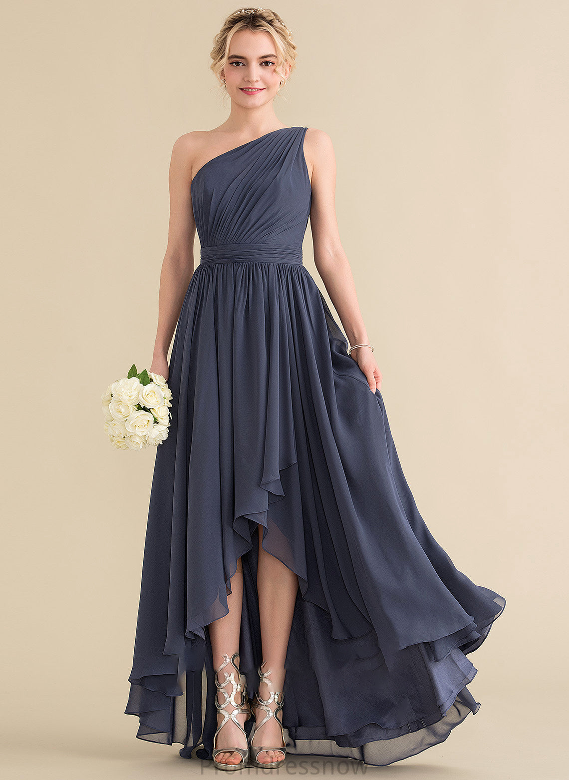 Silhouette Embellishment Neckline Asymmetrical Fabric A-Line One-Shoulder CascadingRuffles Length Yareli Spaghetti Staps Natural Waist Bridesmaid Dresses