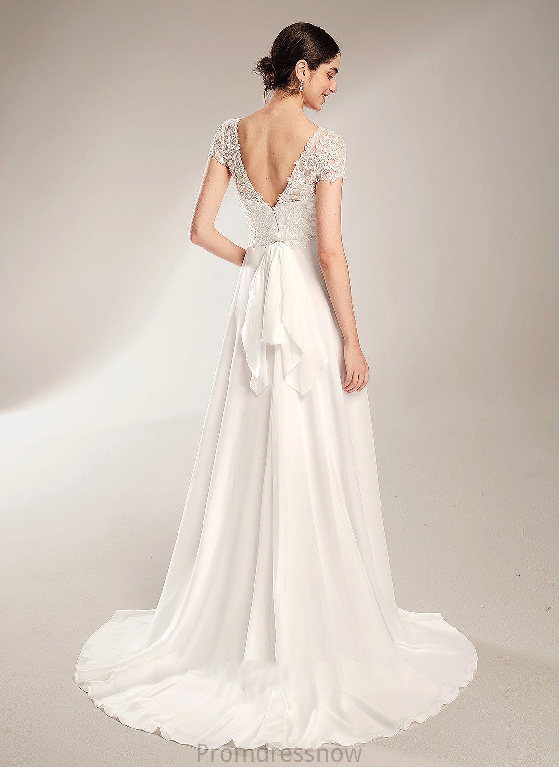 With Train Wedding Wedding Dresses A-Line Court V-neck Bow(s) Ashley Dress