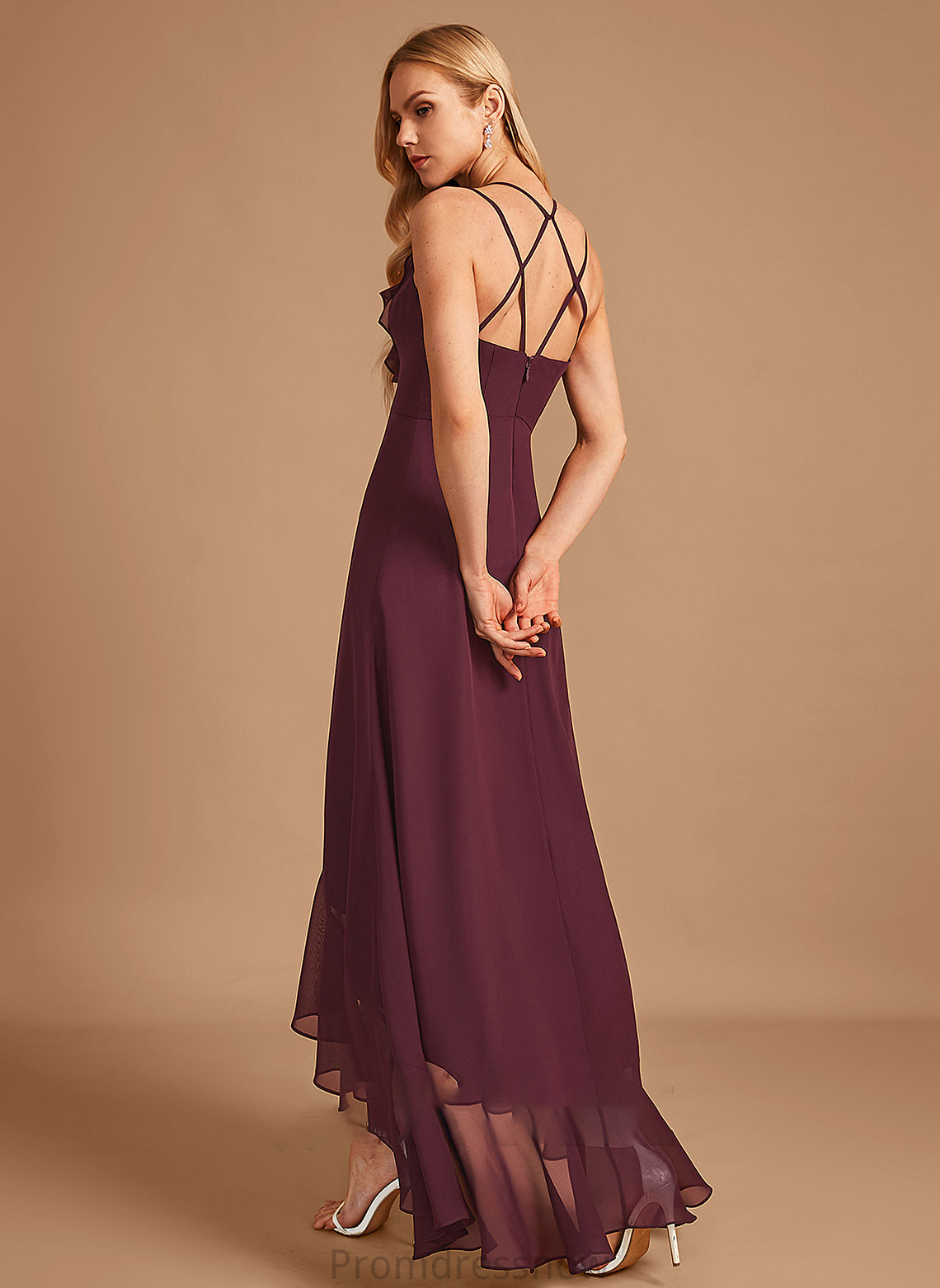 V-neck Embellishment Neckline Length Silhouette SplitFront A-Line Asymmetrical Ruffle Fabric Lyric Scoop Bridesmaid Dresses