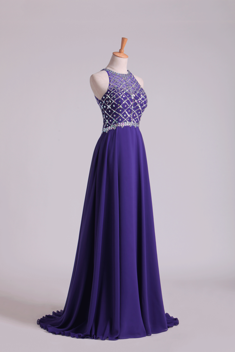 2024 Hot Prom Dresses A Line Scoop Beaded Bodice Chiffon Sweep Train