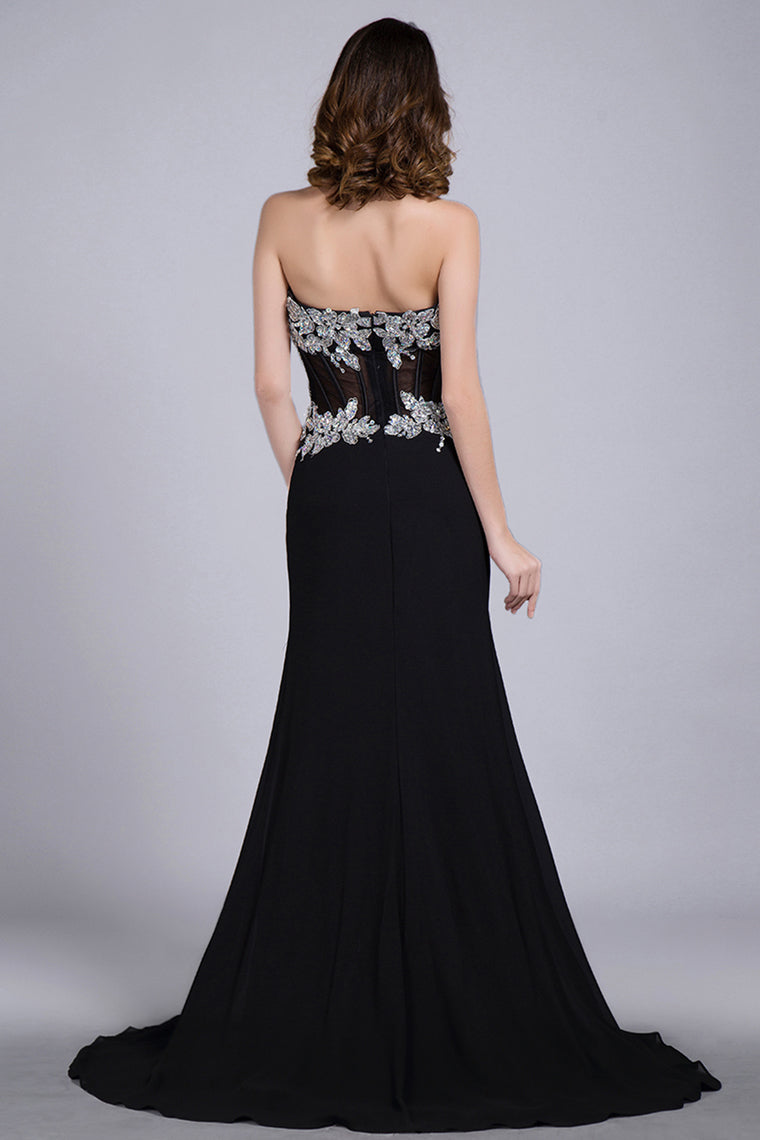 2024 Prom Dresses Mermaid/Trumpet Black Sweetheart Chiffon With Rhinestone