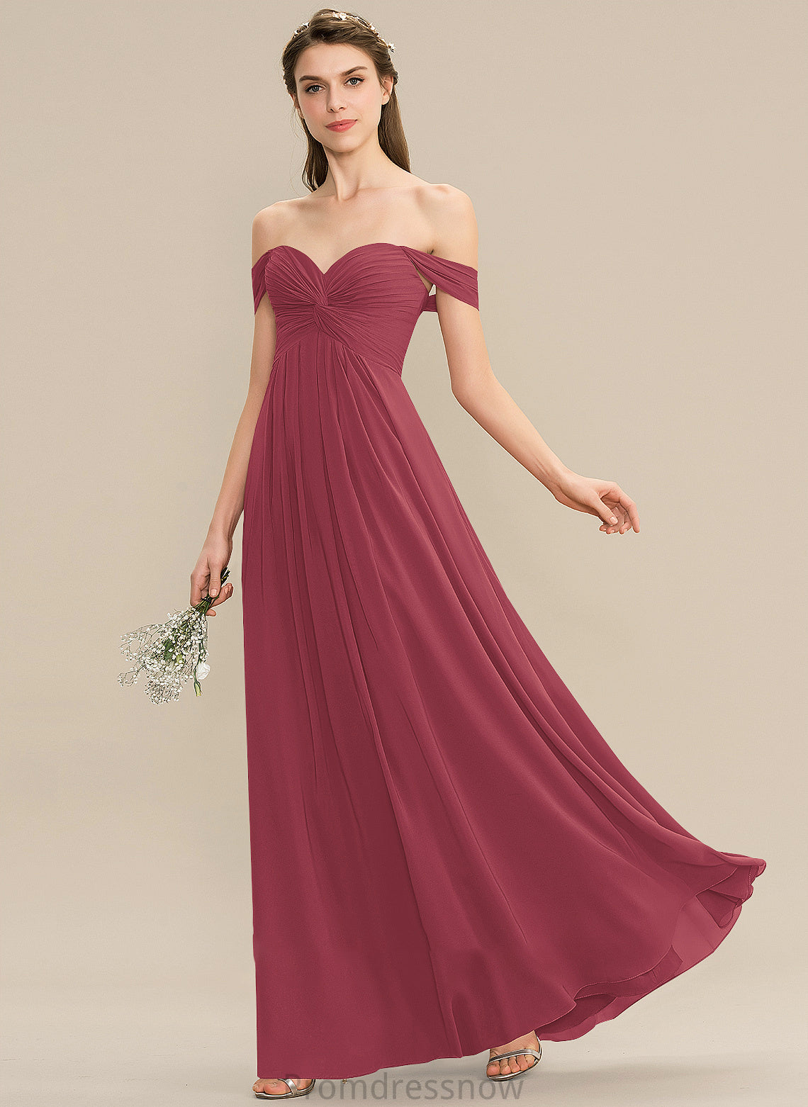 Ruffle Neckline Floor-Length Length Silhouette Embellishment Fabric A-Line Off-the-Shoulder Pauline V-Neck Natural Waist Bridesmaid Dresses