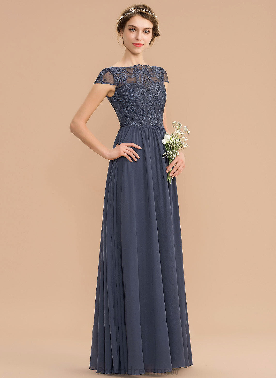 A-Line Silhouette Fabric Neckline Lace Floor-Length Length Straps ScoopNeck Frederica Natural Waist V-Neck Bridesmaid Dresses