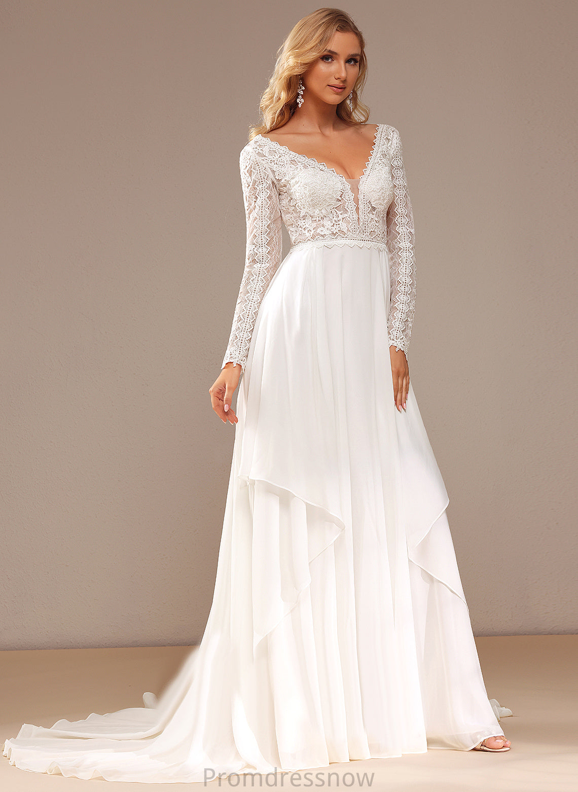 With Train A-Line Chiffon Ruffle Court Wedding Dress Lace V-neck Lace Anna Wedding Dresses