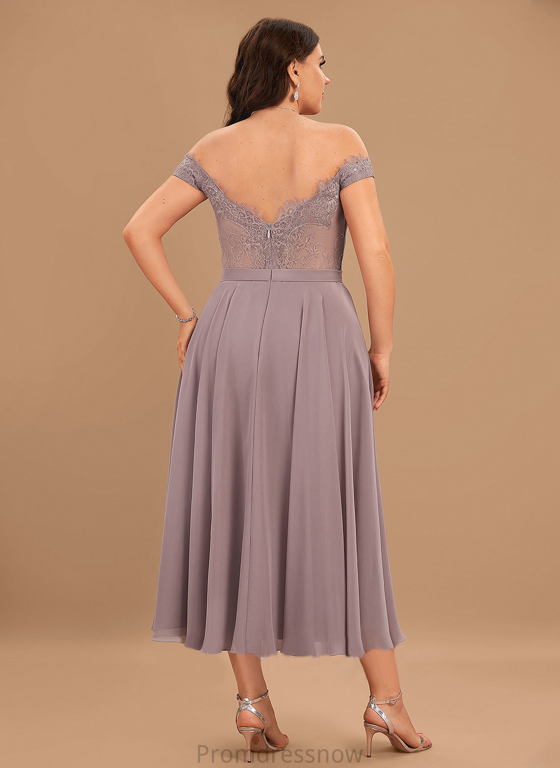 With A-Line Lace Tea-Length Beading Jemima Off-the-Shoulder Cocktail Dresses Cocktail Dress Chiffon