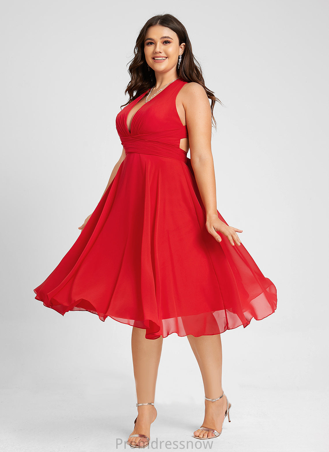 With Chiffon Knee-Length Dress Mara Bow(s) Ruffle Cocktail A-Line V-neck Cocktail Dresses