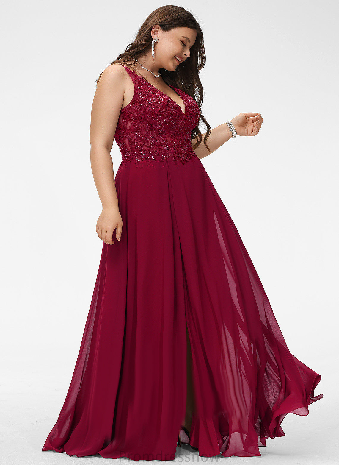 With Sequins V-neck Floor-Length Chiffon Mariam Prom Dresses A-Line