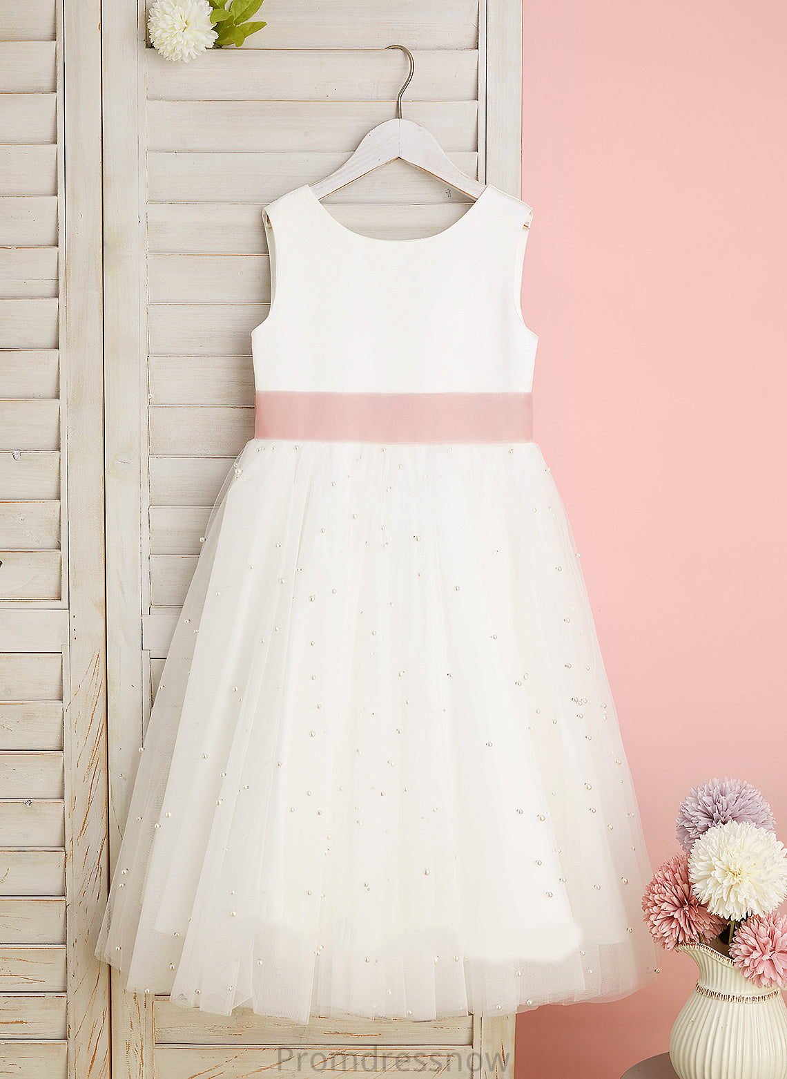 Sash/Bow(s)/V Satin/Tulle Anahi Neck Tea-length With Sleeveless Flower Girl Dresses Flower Back - Girl Dress A-Line Scoop