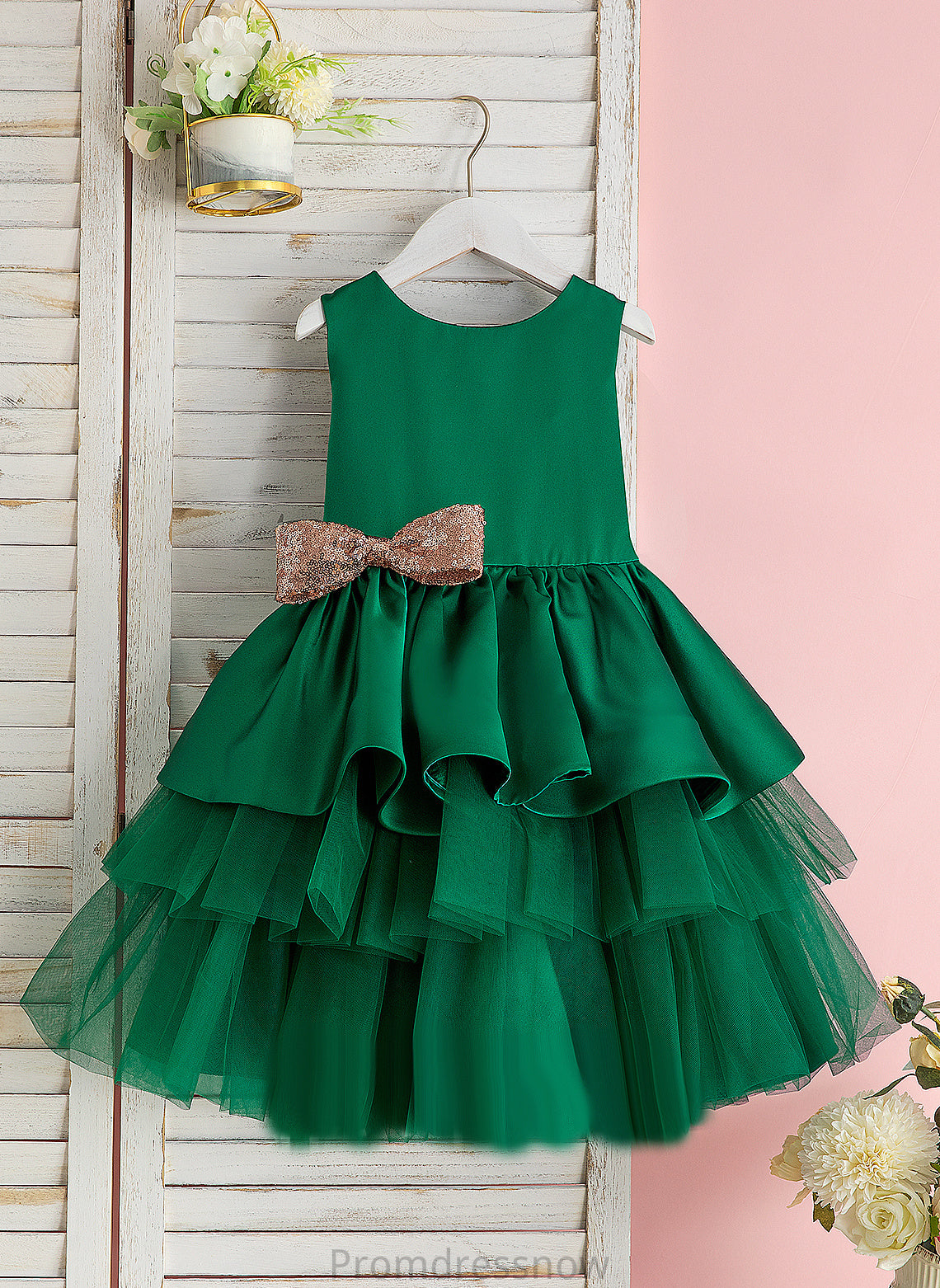 Bow(s) Scoop Dress Ball-Gown/Princess With Sleeveless Flower Tulle Neck Flower Girl Dresses Knee-length Persis Girl -