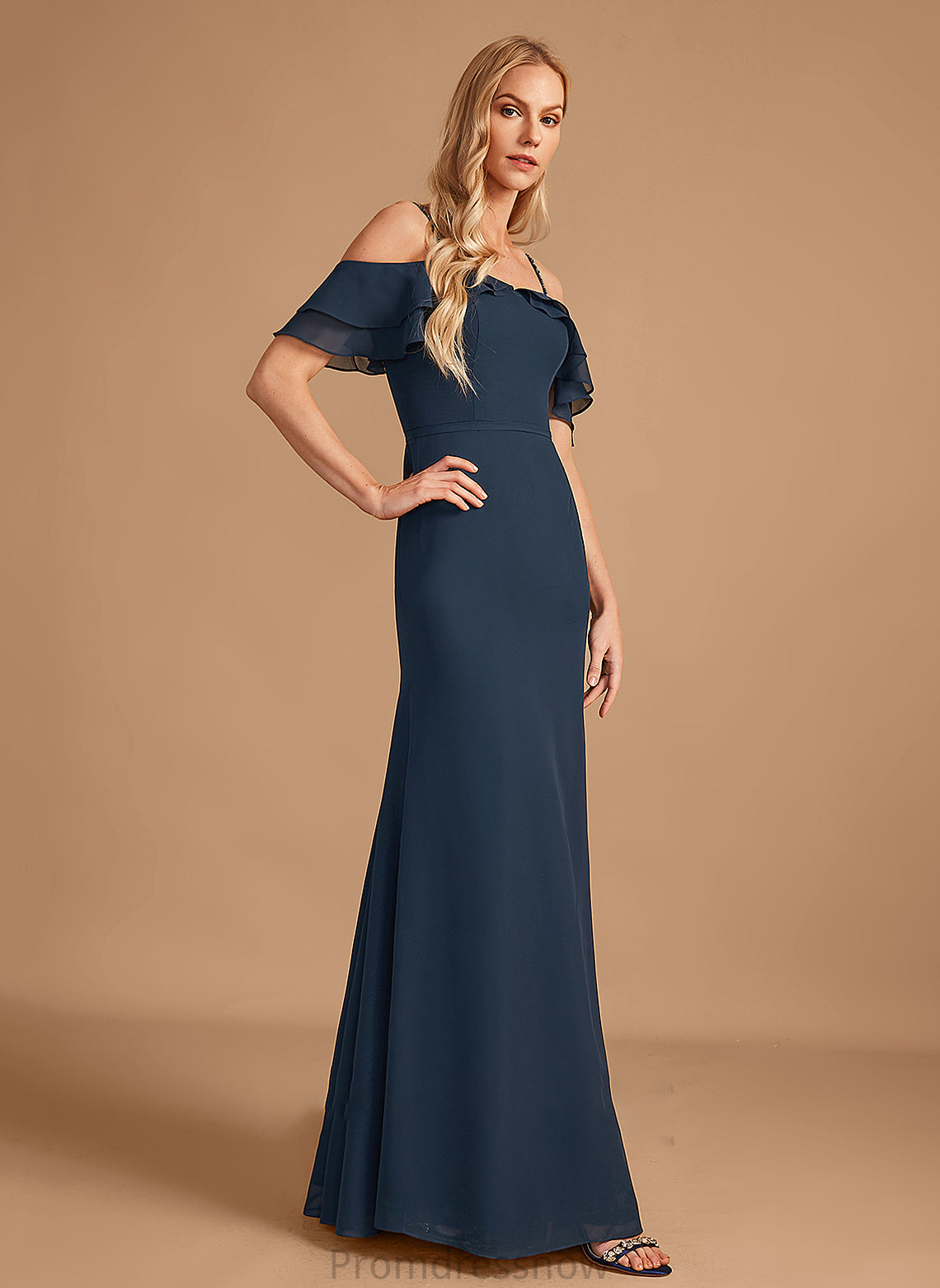 Silhouette Fabric Sheath/Column Embellishment Beading Floor-Length Off-the-Shoulder Neckline Length Ruffle Kinsley V-Neck Bridesmaid Dresses