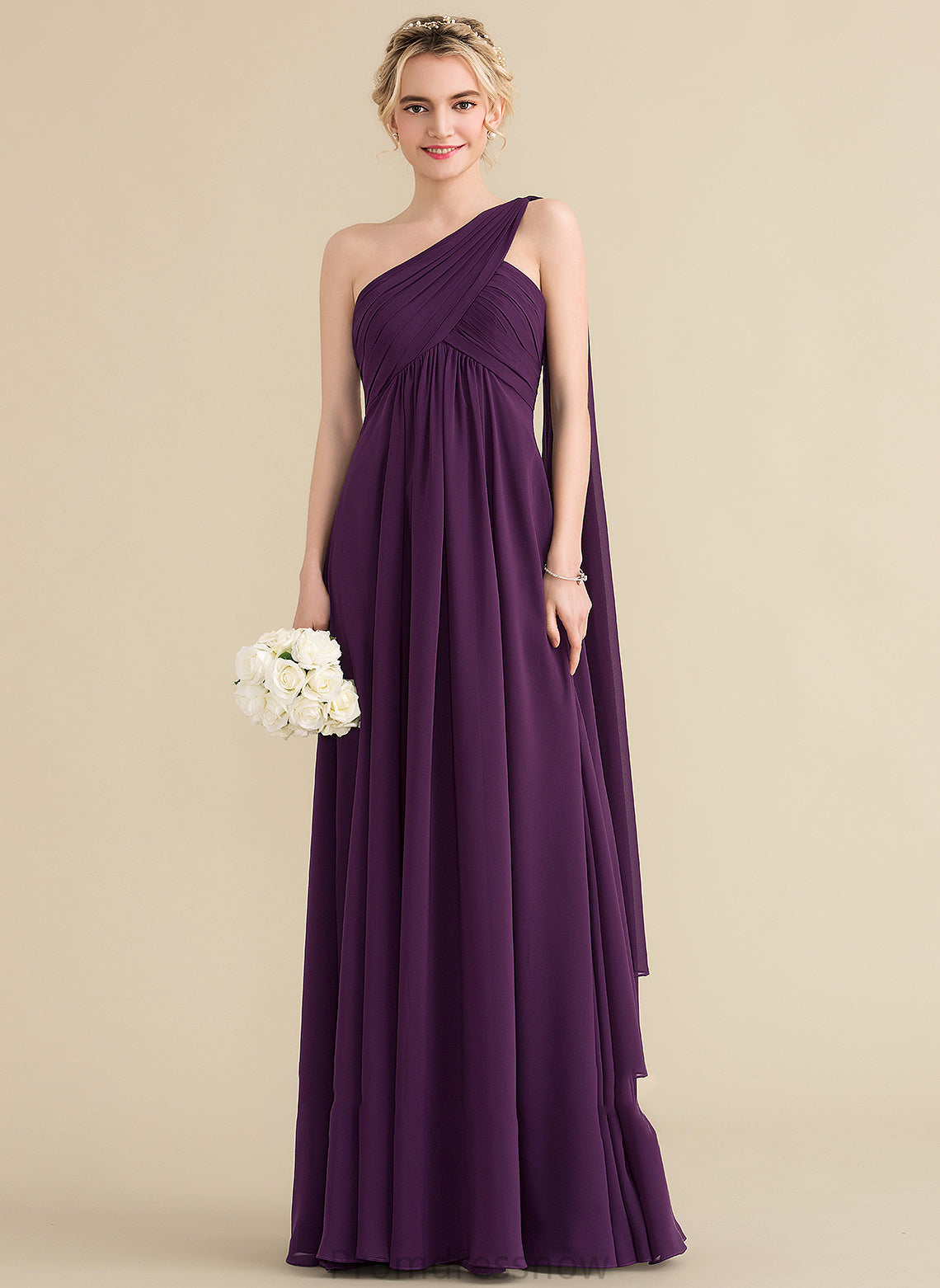 Silhouette Floor-Length Fabric One-Shoulder Length A-Line Neckline Ruffle Embellishment Alena Sleeveless Spaghetti Staps Bridesmaid Dresses