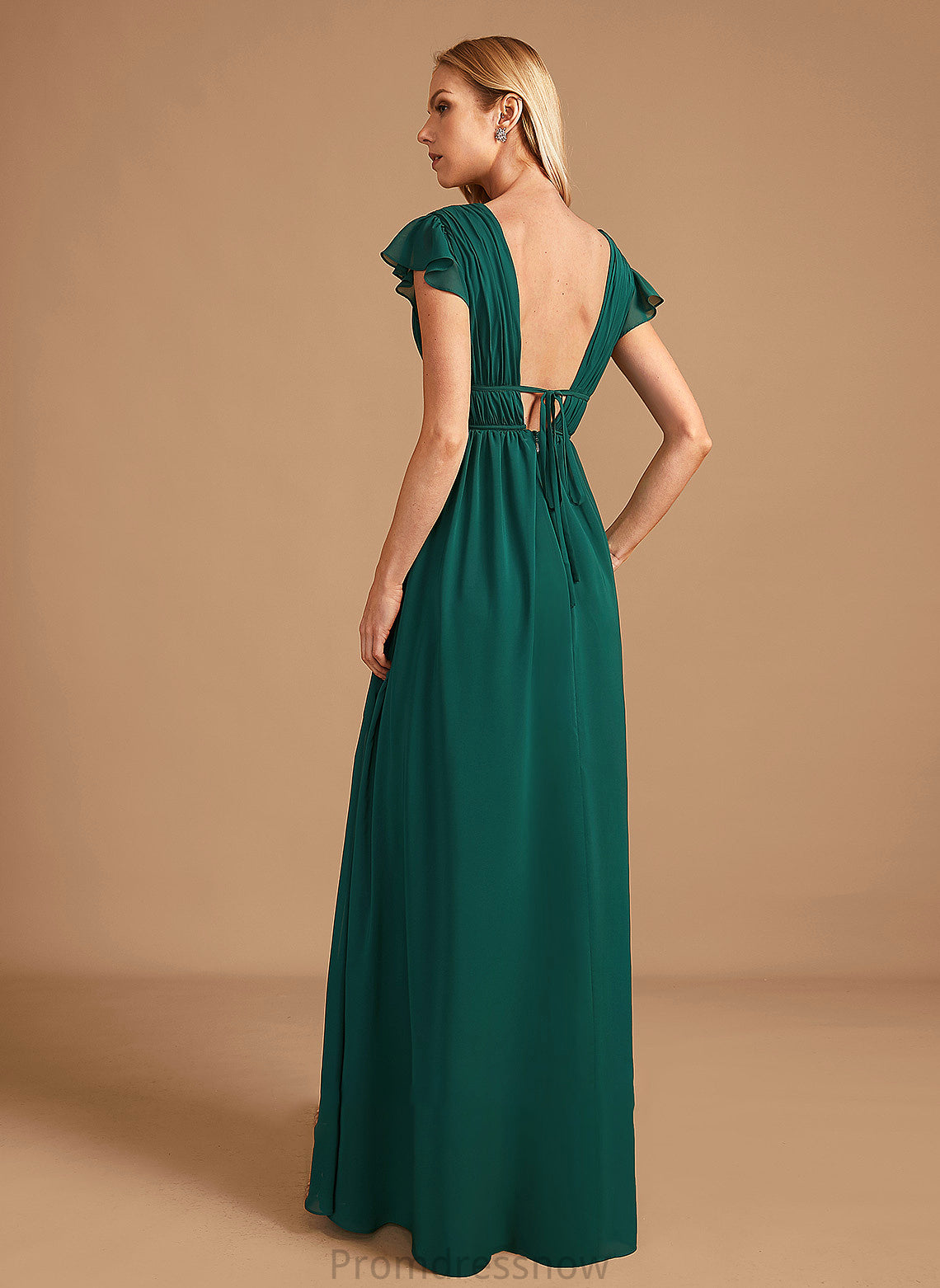 SplitFront A-Line Neckline Length V-neck Fabric Embellishment Floor-Length Silhouette Kinley Sleeveless Natural Waist Bridesmaid Dresses