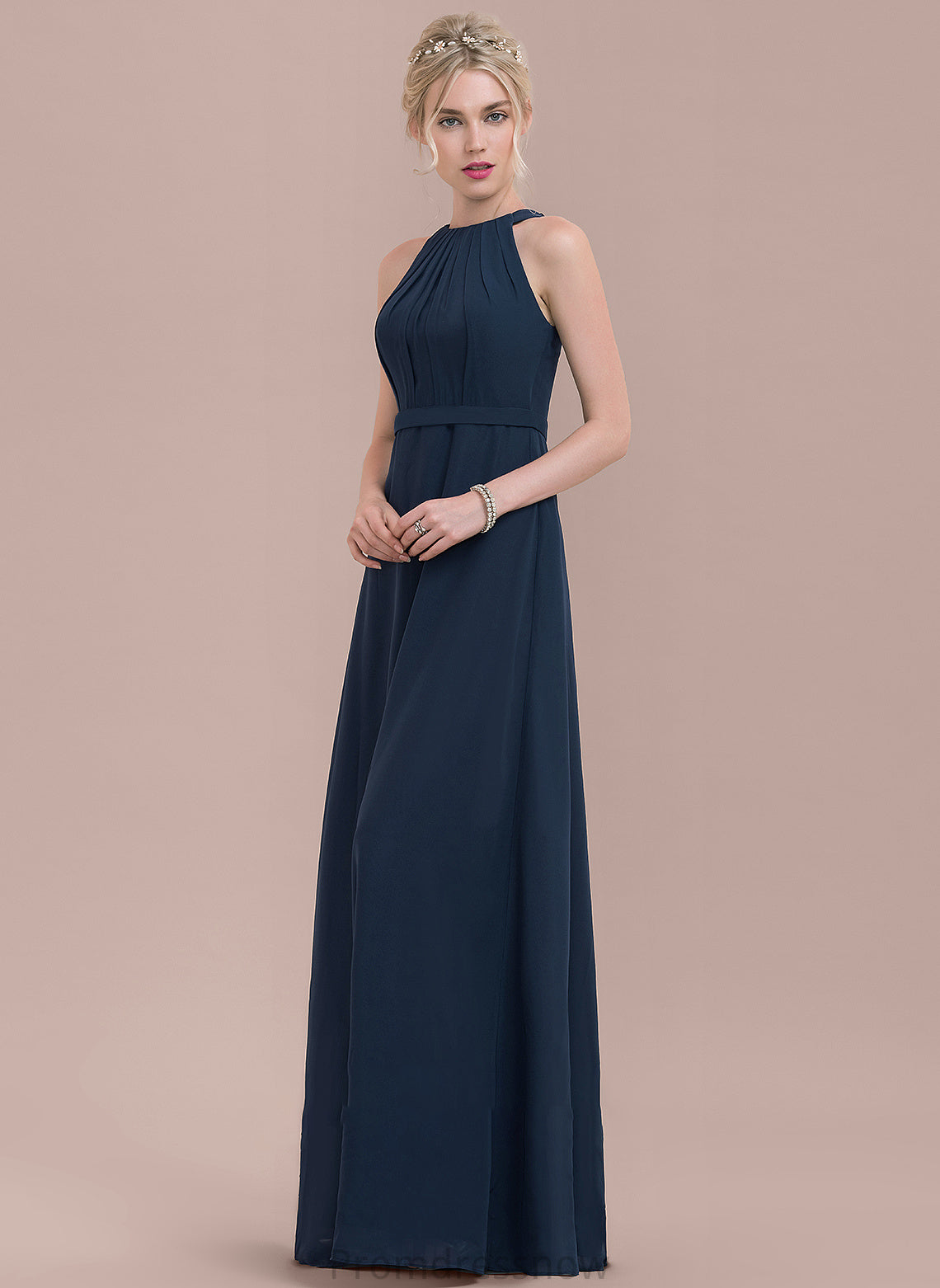 Silhouette Embellishment Length ScoopNeck A-Line Ruffle Neckline Fabric Floor-Length Lorna Sleeveless A-Line/Princess Bridesmaid Dresses