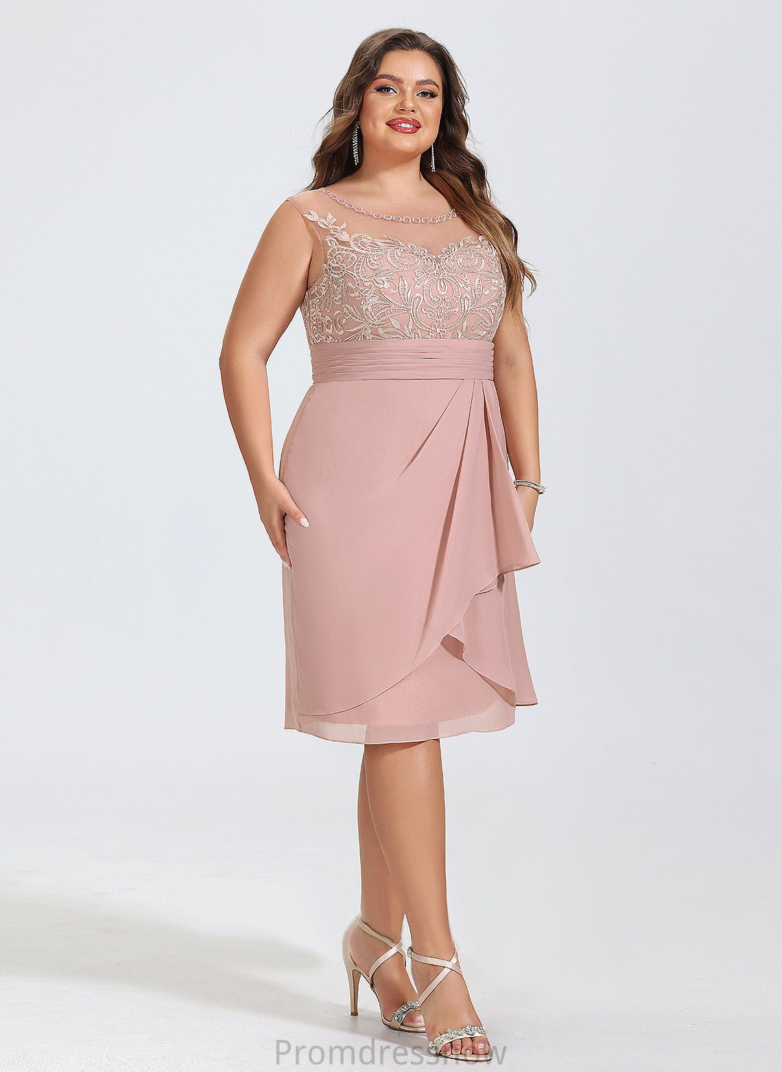 With Sheath/Column Madilyn Ruffles Dress Scoop Cocktail Dresses Chiffon Cocktail Cascading Knee-Length Lace Neck