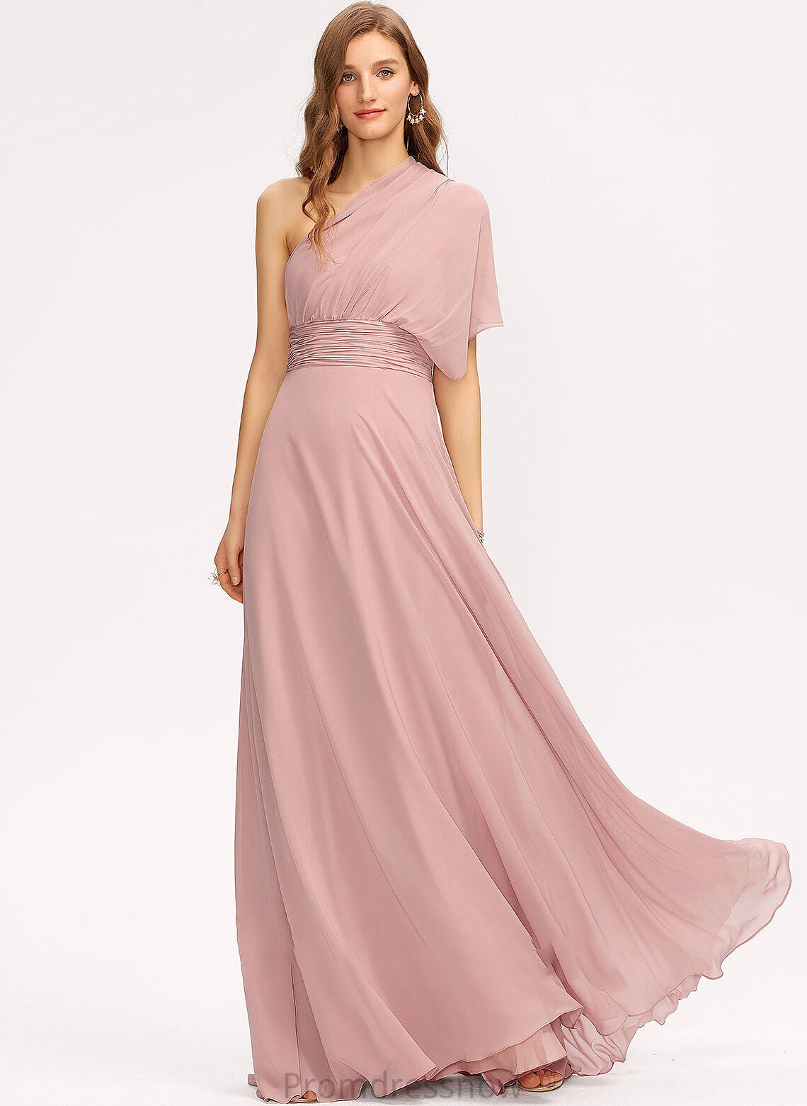 One-Shoulder Embellishment V-neck A-Line Fabric Floor-Length Halter Length Ruffle Silhouette Neckline Ada Bridesmaid Dresses