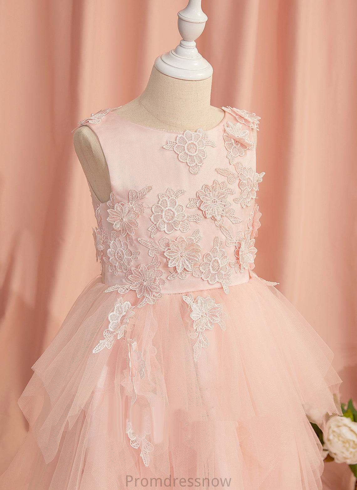 Ball-Gown/Princess Lace/Flower(s)/V Neck Girl With Back Asymmetrical Sleeveless - Flower Girl Dresses Scoop Tulle Dress Flower Gabriella