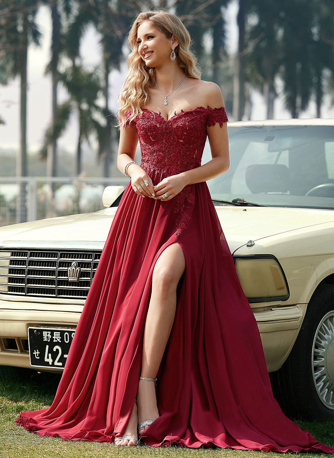 With Sequins Train Off-the-Shoulder Sweep A-Line Prom Dresses Chiffon Karissa