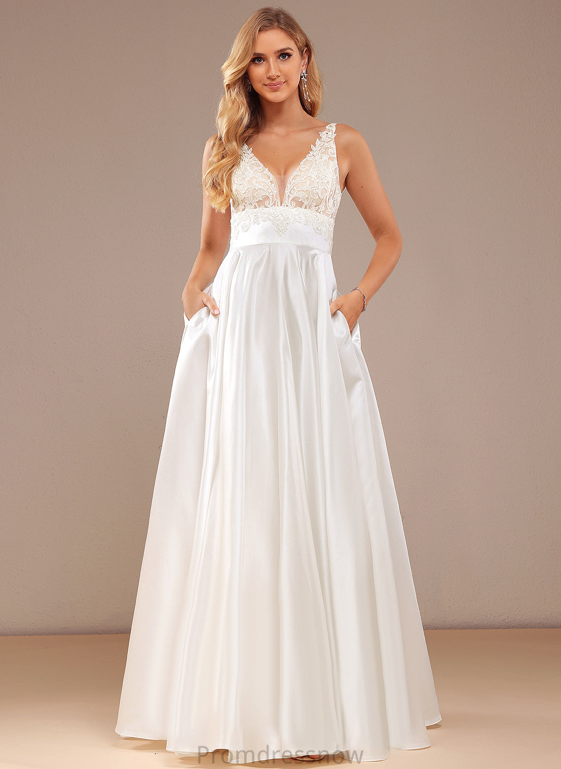 With Dress Wedding Dresses V-neck Pockets Karsyn Satin Lace Ball-Gown/Princess Floor-Length Wedding Lace