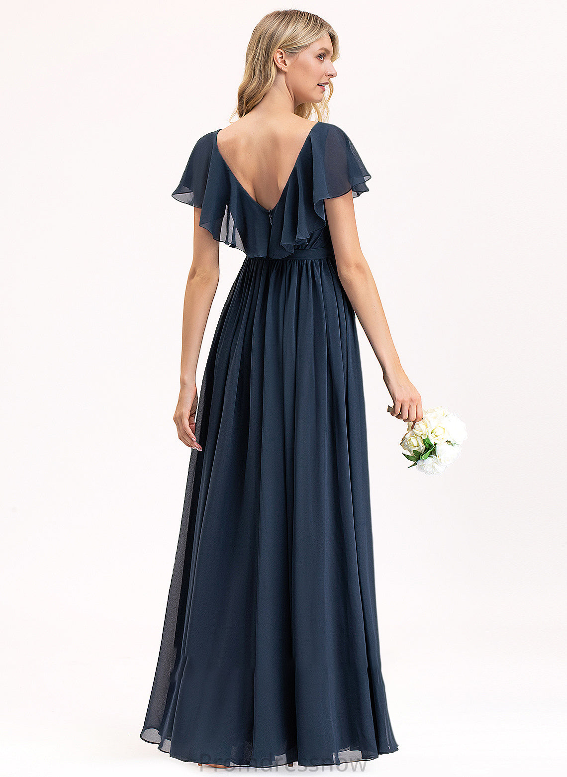 Floor-Length CascadingRuffles Embellishment SplitFront A-Line Silhouette Length Neckline Bow(s) V-neck Fabric Amirah Bridesmaid Dresses