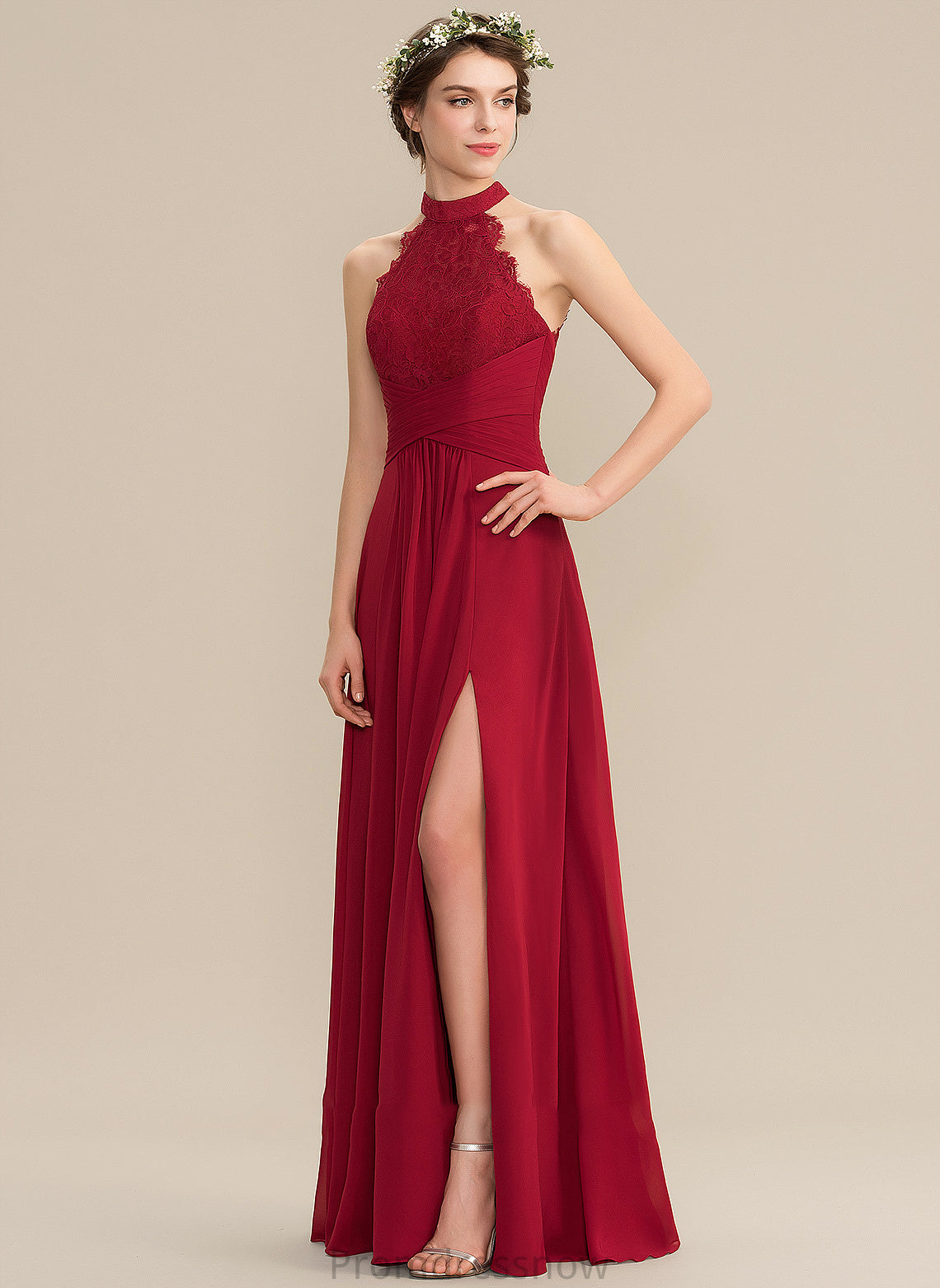 Floor-Length Fabric Ruffle SplitFront HighNeck Length Silhouette Neckline A-Line Embellishment Crystal Knee Length Bridesmaid Dresses