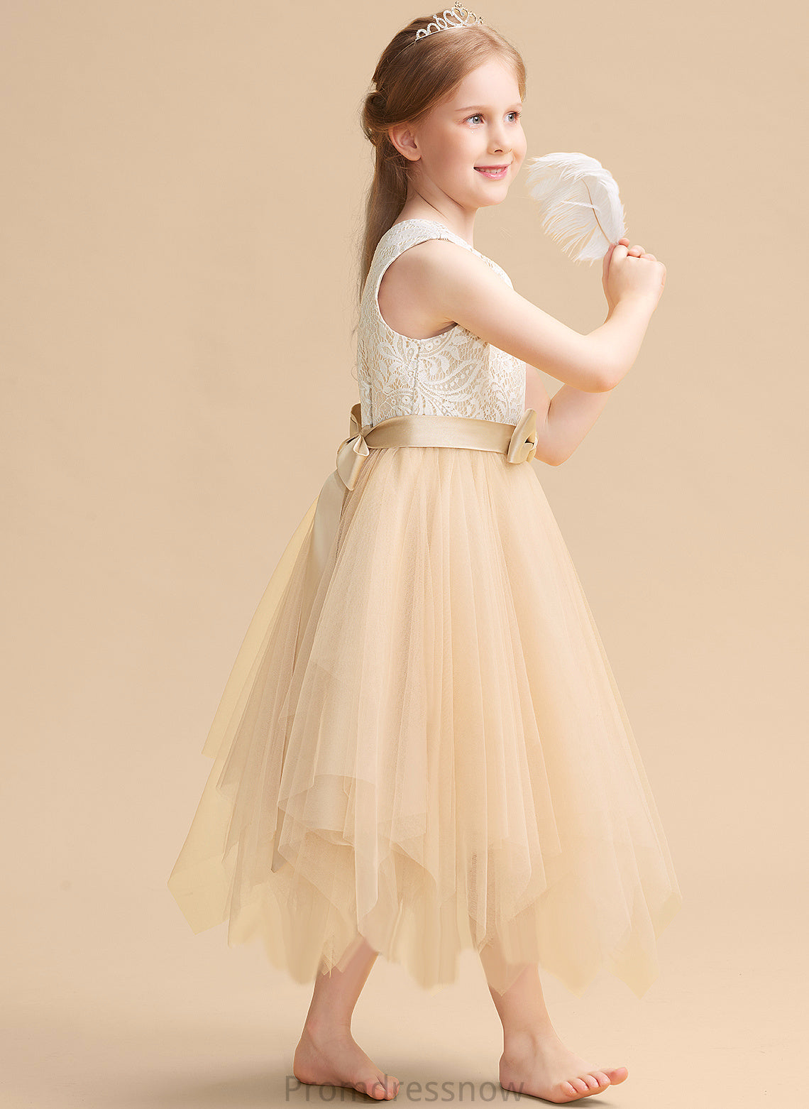 Dress Lace/Bow(s) With Flower Flower Girl Dresses - Neck Scalloped Tulle Sleeveless Girl Mckenna Tea-length A-Line