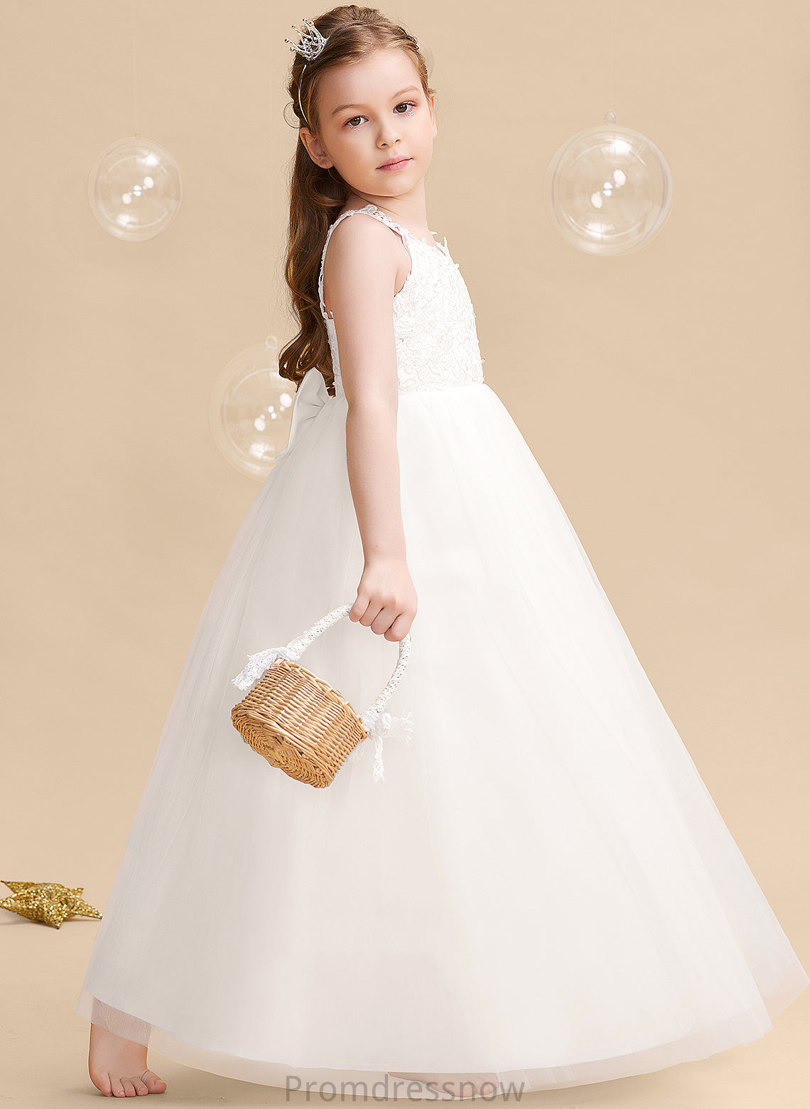 Sleeveless Flower Dress Tulle/Lace Ball-Gown/Princess Flower Girl Dresses Floor-length With V-neck - Beading/Bow(s) Isis Girl