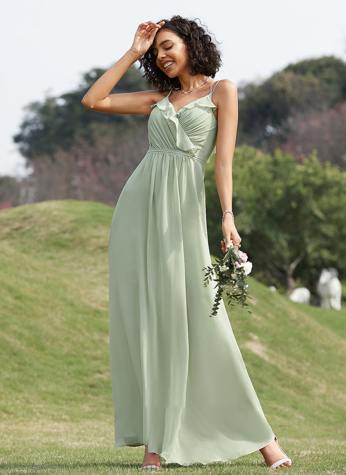 A-Line Fabric V-neck Silhouette Ruffle Length Floor-Length Embellishment Neckline Jazmin Floor Length Sheath/Column Bridesmaid Dresses