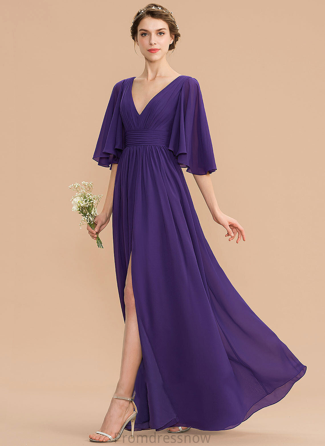 Embellishment A-Line Ruffle Silhouette Length V-neck Floor-Length Neckline Bow(s) SplitFront Fabric Taniya Bridesmaid Dresses