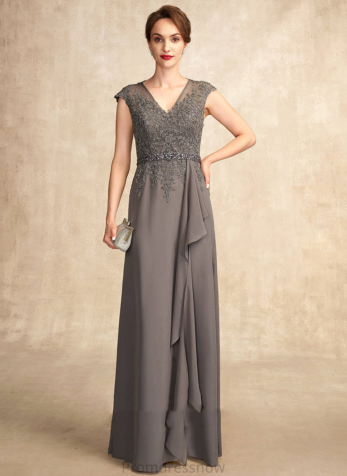 Floor-Length Mother Mother of the Bride Dresses A-Line Beading Dress the Lace Bride With Ruffles Melissa of Cascading Chiffon V-neck Sequins