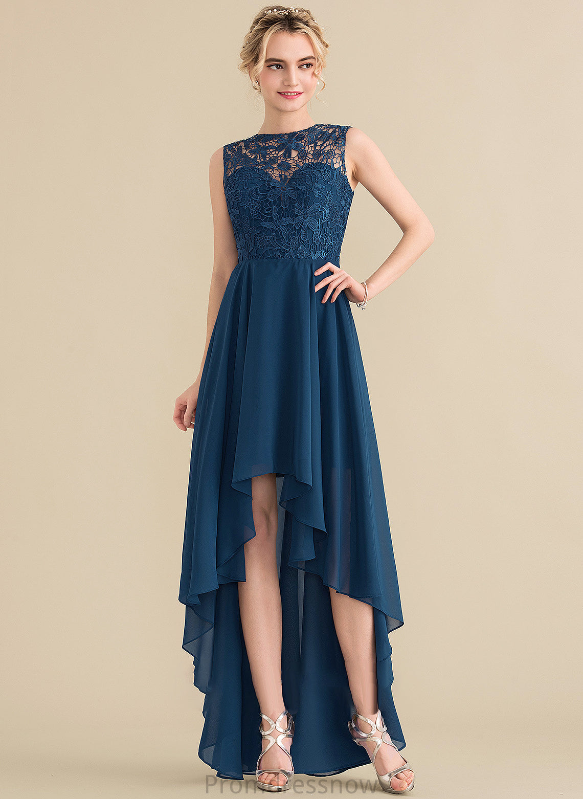 Neckline Asymmetrical Straps A-Line Silhouette Lace ScoopNeck Fabric Length Elsie Natural Waist V-Neck Bridesmaid Dresses