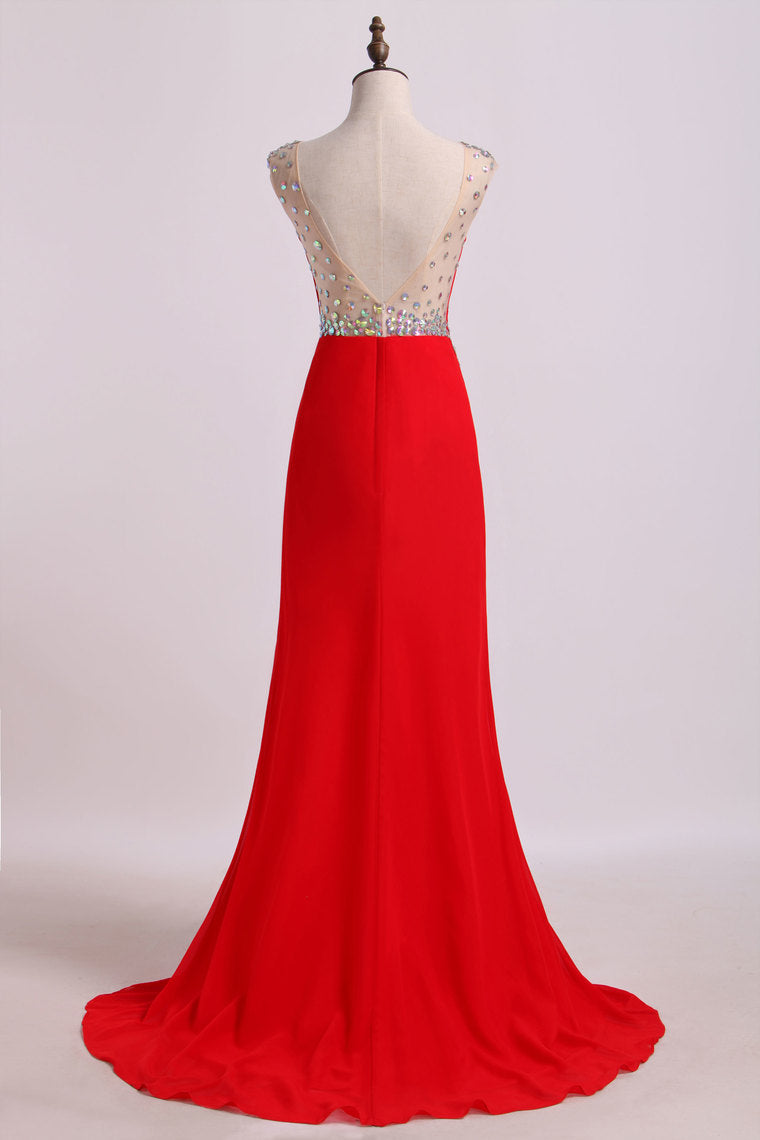 2024 Scoop Column Prom Dresses With Rhinestone Chiffon