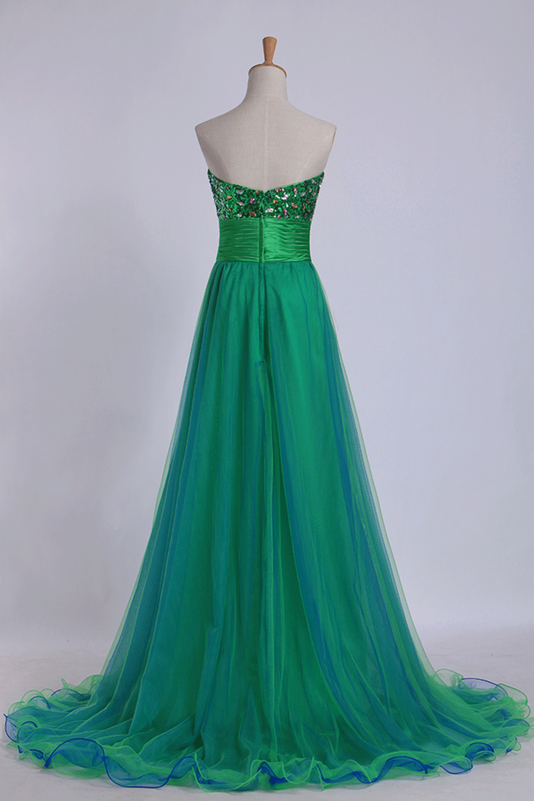 2024 Sweetheart Prom Dresses Empire Waist Floor Length With Beading/Sequins Tulle