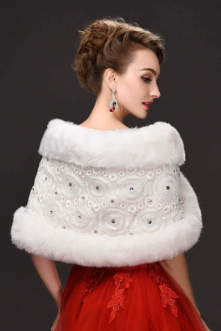 Graceful White Faux Fur Wedding Wrap With Rhinestones