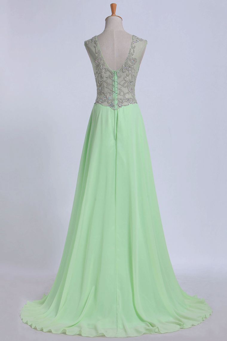 2024 V-Neck Prom Dresses  A-Line/Princess With Beads Chiffon&Tulle