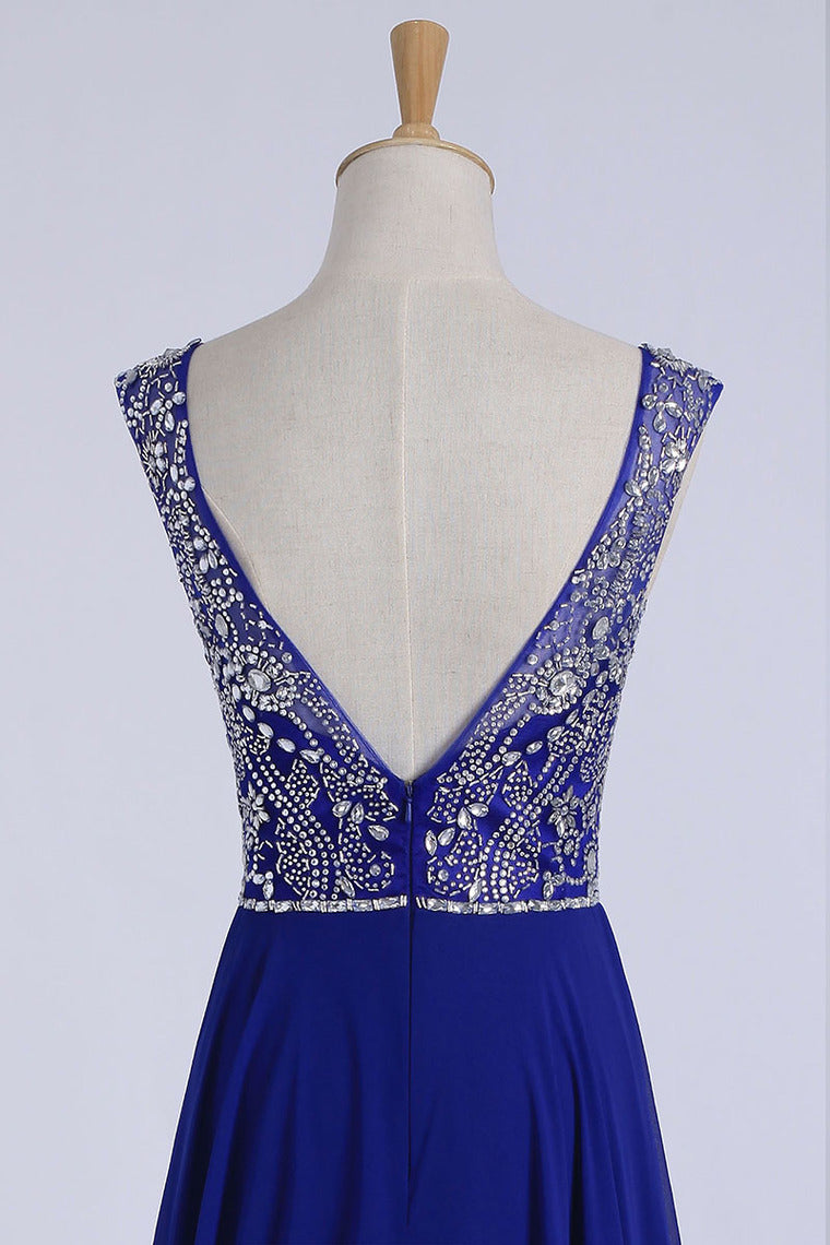 2024 Prom Dresses A-Line Scoop Floor-Length Dark Royal Blue Chiffon Beaded Bodice