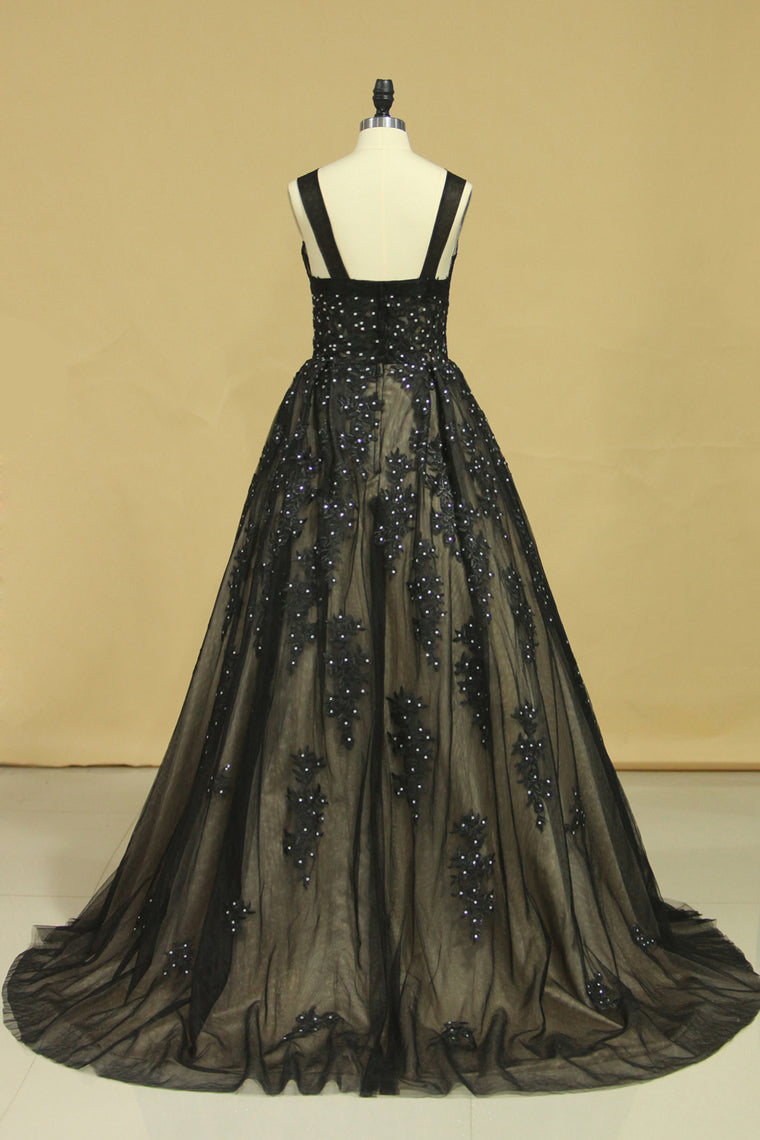 2024 Black Sexy Bateau  A-Line Prom Gown Sweep Train With Beads & Applique