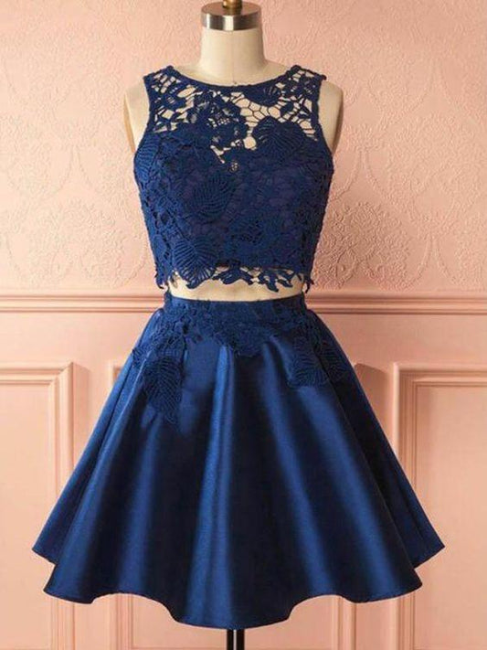 2 Pieces Navy Blue Party Satin Homecoming Dresses Lace Jan Two Pieces Dress