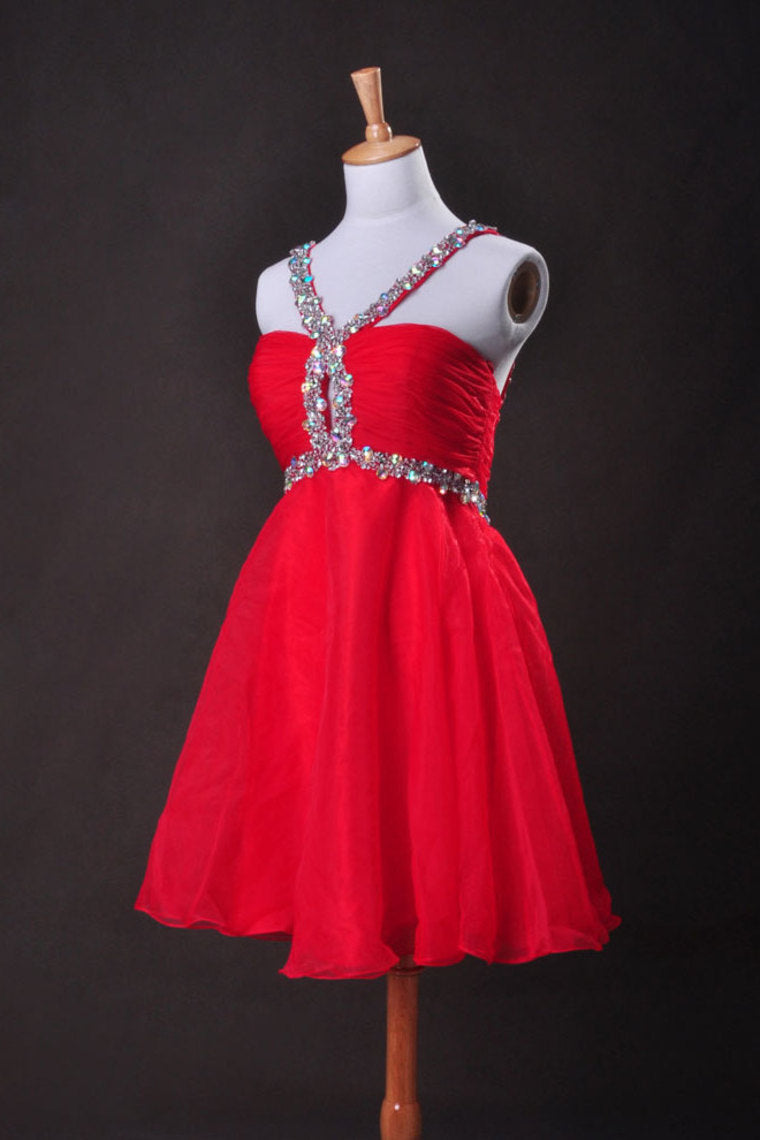 Red  A Line V Neck  Short/Mini Organza Cz