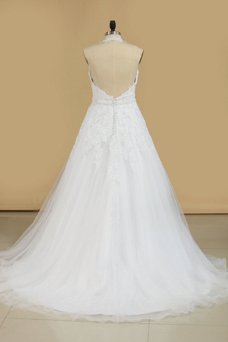 2024 Organza Halter Open Back With Applique Wedding Dresses A Line