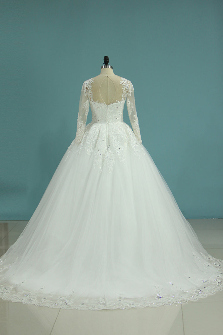 2024 Wedding Dresses Scoop Long Sleeves A Line Tulle With Applique And Beads